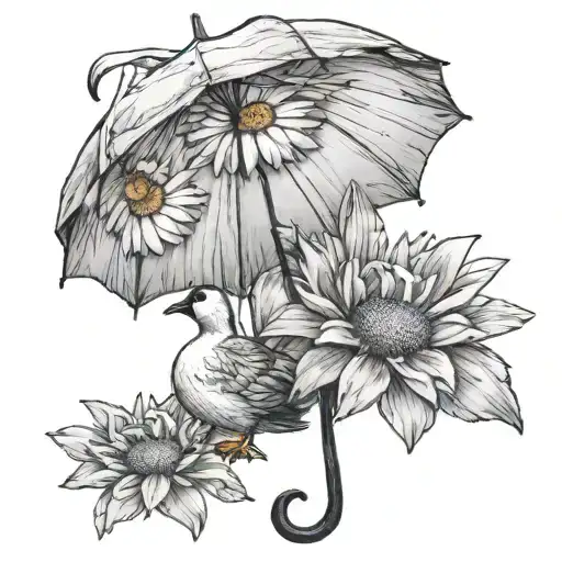 The tattoo is a thick sketch sitting under a large daisy, a daisy like an umbrella over a geese, a thick one sits in a l tattoo design idea