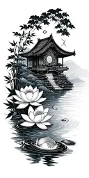path of enlightenment along sleeve from wrist to shoulder. lotus, water, constellation, koi, bamboo, small house tattoo design idea