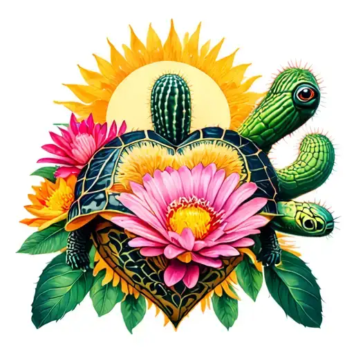 cactus and a turtle surrounded with the flower of August and the flower of December the sun, and the shape of a heart tattoo design idea