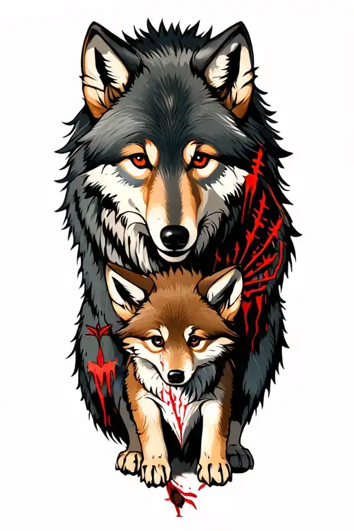 wolf cub with a slightly hurt paw being protected by an adult version of the wolf covered in wounds, scarrs, and arrows, tattoo design idea