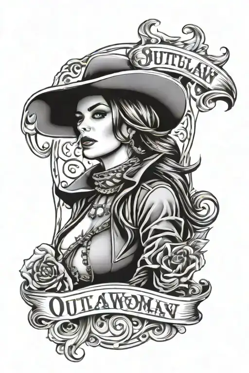 words "outlaw woman" western theme sleeve tattoo design idea