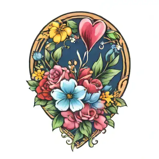 A traditional tattoo design of a heart-shaped bouquet made up of April, May, June, and August flowers with the initials of your kids and grandkids intertwined tattoo design idea