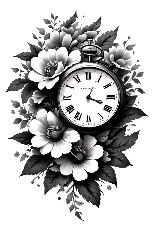 flowers intertwine with stop watch with time tattoo design idea