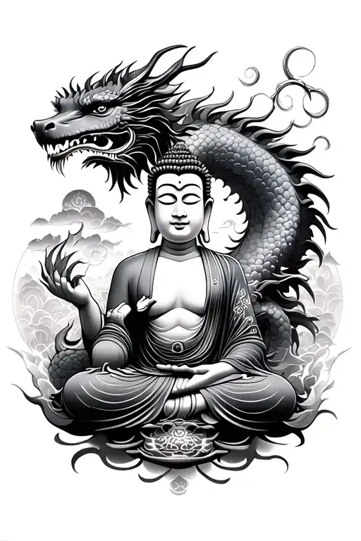 Buddha and dragon with Japanese themes surrounding  tattoo design idea
