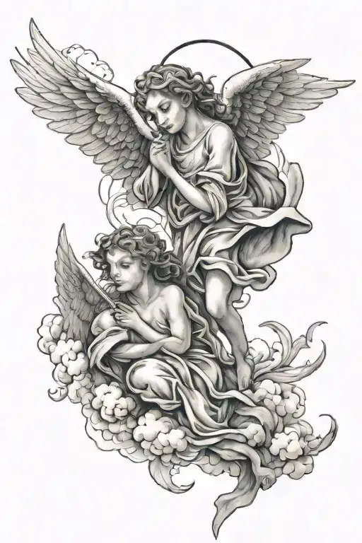 2 angels in the clouds looking down  tattoo design idea