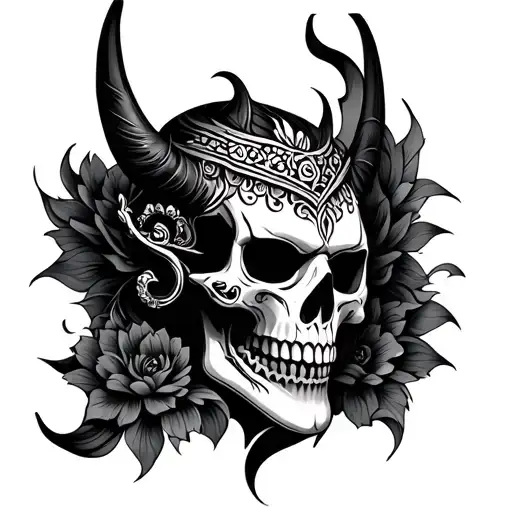 oni mask, skull, mandala tattoo design idea