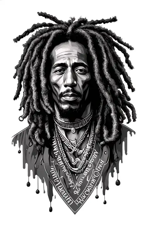 Bob Marley surrounded lyrics incorporated representing the client's tattoo design idea