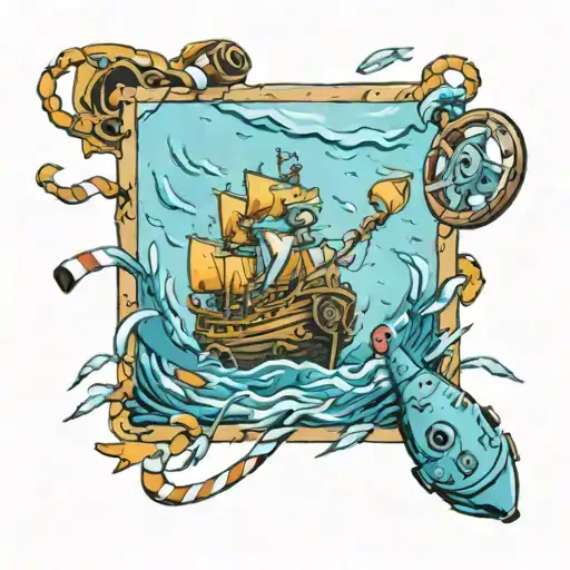 A snorkeler exploring a sunken ship filled with board game pieces tattoo design idea