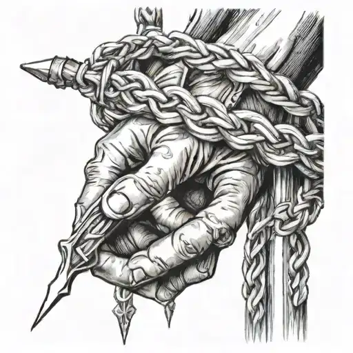 Sword of Damocles suspended at the end of a thin rope, this rope is held by the fingertips of a hand tattoo design idea