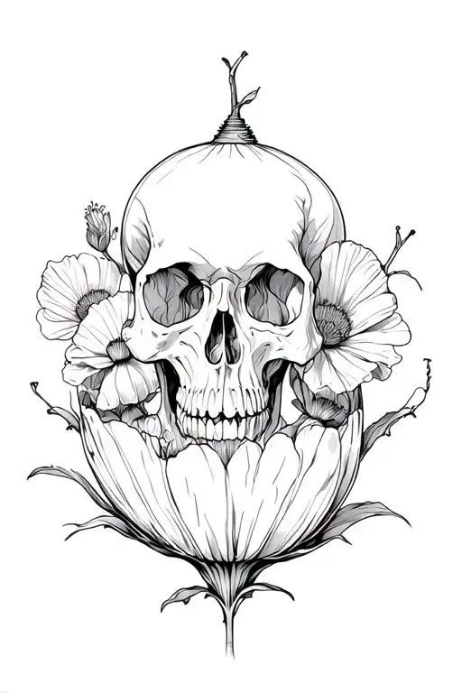 skull inside opium poppy pod tattoo design idea