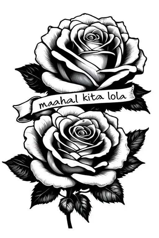 smaller roses with the words "mahal kita lola" over the roses make it smaller for the forearm tattoo design idea