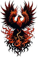 An intricate tattoo of a phoenix rising from ashes with love and fear intertwined in its feathers, symbolizing rebirth and transformation tattoo design idea