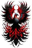 An intricate tattoo of a phoenix rising from ashes with love and fear intertwined in its feathers, symbolizing rebirth and transformation tattoo design idea