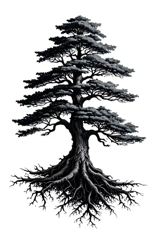 mountain ash tree with canopy and roots reaching deep tattoo design idea