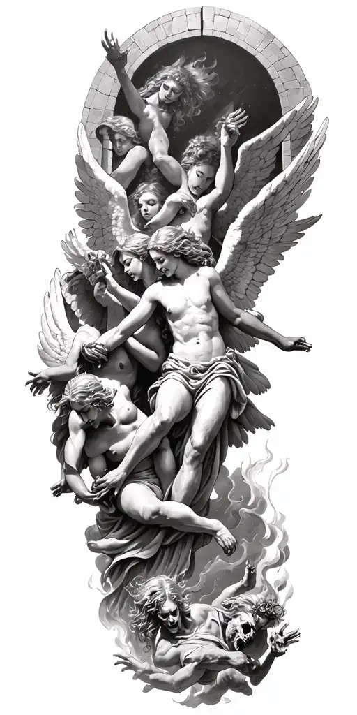 angels going through gates of heaven while fighting demons trapped in hell tattoo design idea