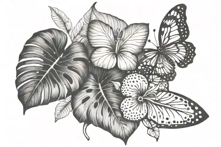 monstera leaf with butterflies and plumeria flowers  tattoo design idea