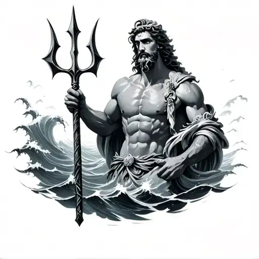 poseidon holding his trident and its a sleeve and waves around him tattoo design idea