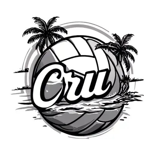 beach volleyball themed, says cru beach tattoo design idea