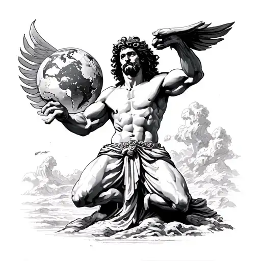 The greek titan Atlas standing on one knee and carying the world over his head. No colors tattoo design idea