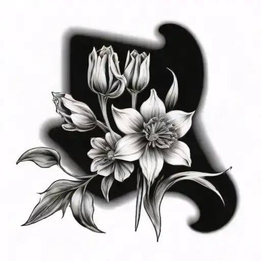 design me a tattoo of a bouquet with these flowers; a daffodil, a cosmo, a poppy, a daisy, a snowdrop, and a morning glo tattoo design idea