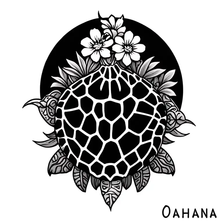 "Ohana" "Ohana" Hawaiian sea turtle with flowers tattoo design idea