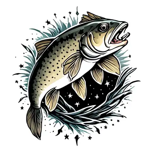 Brook trout with stars in the body pattern incorporating elements tattoo design idea