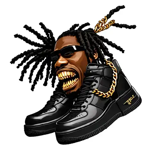 black gangsterwith gold teeth grills with palm tree wick dreads and with a Haitian 1804 chain and black Air Force shoes  tattoo design idea