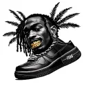 black gangsterwith gold teeth grills with palm tree wick dreads and with a Haitian 1804 chain and black Air Force shoes  tattoo design idea