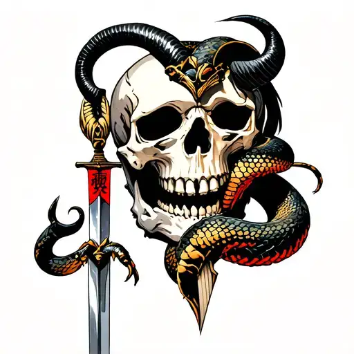 skull with horns and one is broken with a sword going from the totho skulls and the sword is a snake with scorpion Head  tattoo design idea