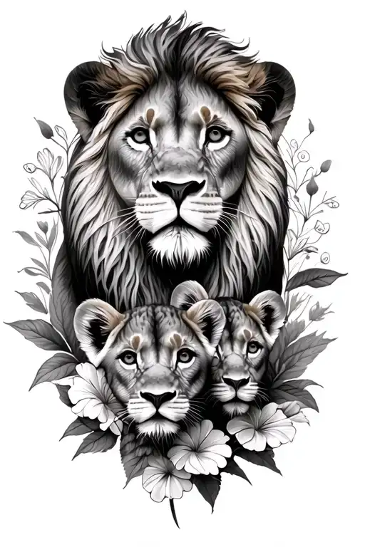 Lioness And 2 cubs above 2 cubs below and some flowers around them tattoo design idea