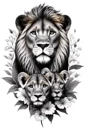 Lioness And 2 cubs above 2 cubs below and some flowers around them tattoo design idea