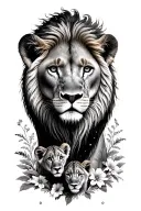 Lioness And 2 cubs above 2 cubs below and some flowers around them tattoo design idea