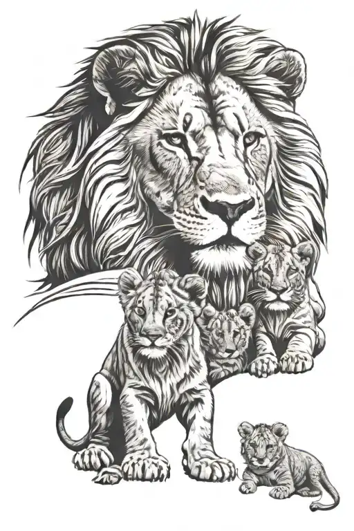 lion with 3 cubs face only tattoo design idea