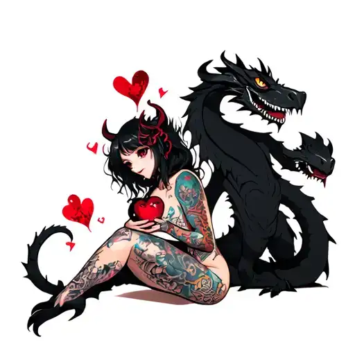 tattooed anime demon girl holding a shattered heart surrounded by a voodoo black dragon tattoo design idea