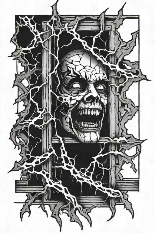 scary face broken window tattoo design idea