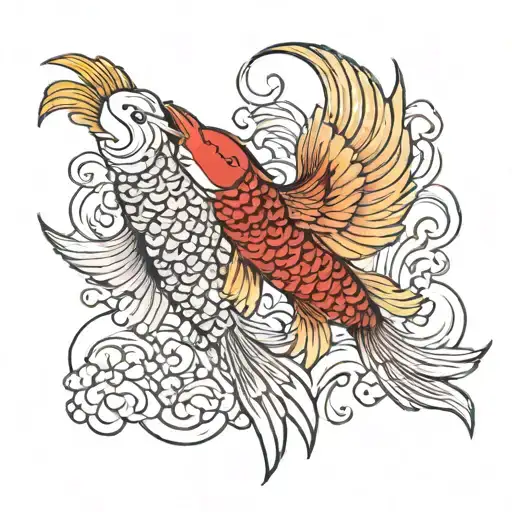 japanese Phoenix and under the Phoenix a koi carp jumping tattoo design idea