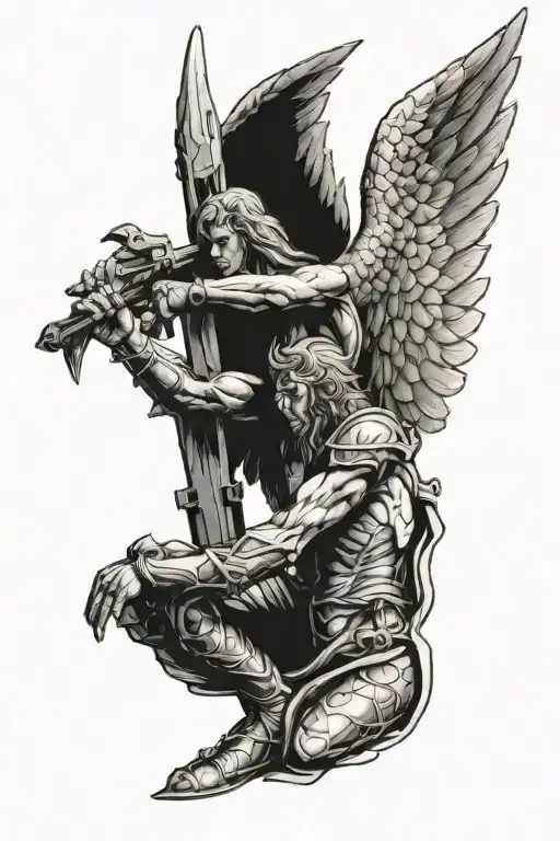 angel disapointed after failing holdin himself on a pilar wearing a armor   tattoo design idea