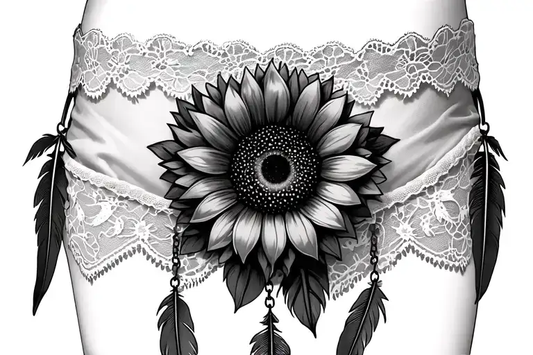 lace garter with a sunflower with feathers dangling from the lace  tattoo design idea
