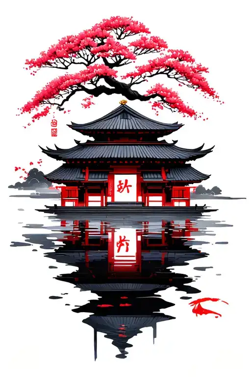 Samurai bloody kimuno background Sakura Tree, japanese Water theme and Add some japanese Temple tattoo design idea