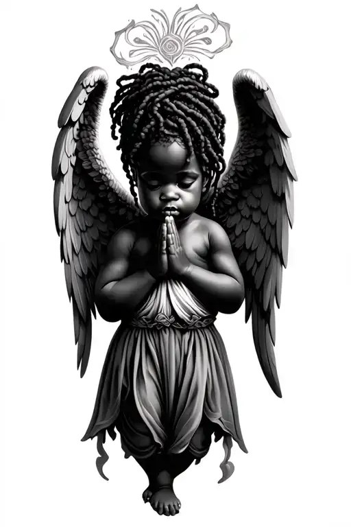 black baby angel locs praying with big wings tattoo design idea