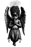 black baby angel locs praying with big wings tattoo design idea