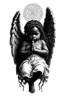 black baby angel locs praying with big wings tattoo design idea