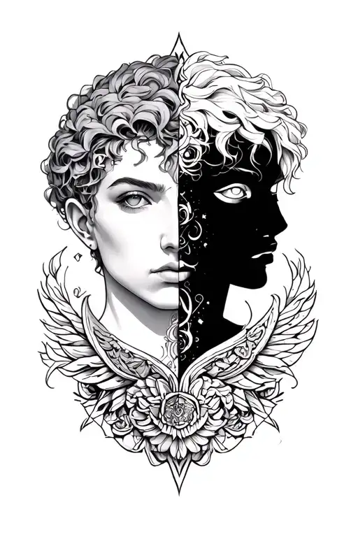 gemini zodiac sign with half bad & half god twin charater tattoo design idea