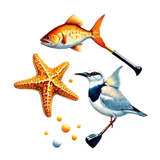 Yellowtail fish, sheepshead fish, starfish, octopus, white tern bird, 🇺🇸, domino, golf tee, ocean coral, golf club, tattoo design idea