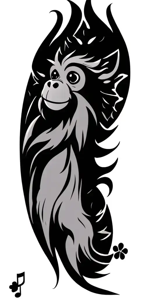 a four leaf clover. a simple monkey. a music symbol. a dog paw. a simple dragon. tattoo design idea