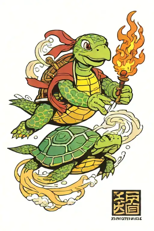turtle duck from avatar legend of aang with zuko bending fire next to it.   tattoo design idea