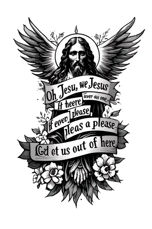 inscription "Oh Jesus, sweet Jesus, if there ever was one, if there is a God, please, please, please, let us out of here tattoo design idea