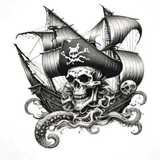 Pirate ship facing forward with a skull at the bottom and octopus tendencies coming out of the skull tattoo design idea