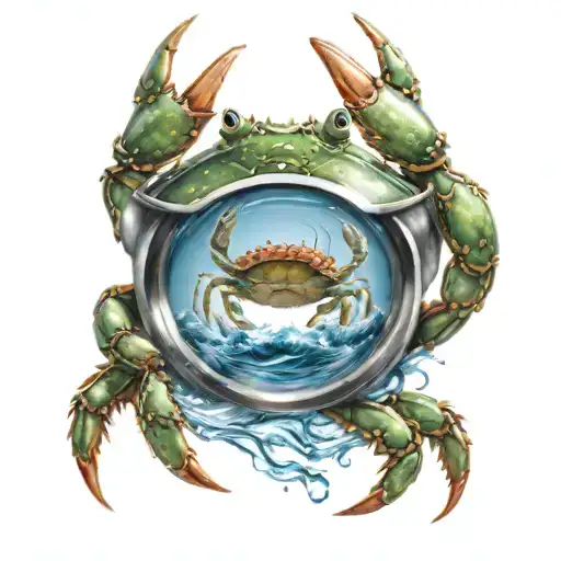 crab and water waves crashing in the background looking through lens tattoo design idea
