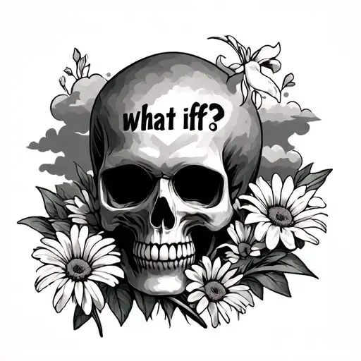 A skull with the phrase "what if?" on the cheek, the skull is surrounded by cloudy skies, and daisies and lily of the va tattoo design idea